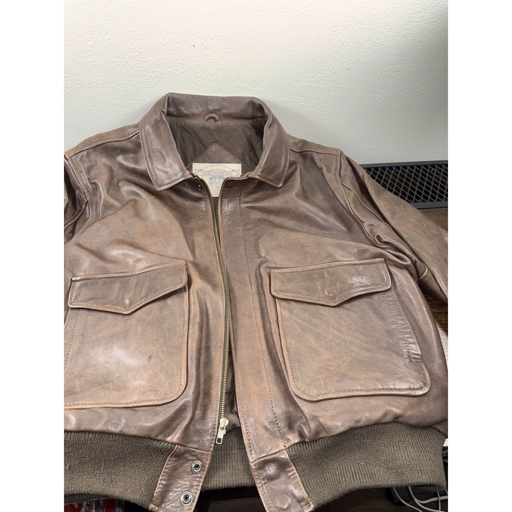 Vintage John Ashford Bomber Jacket XL Mens Brown Leather Lined Casual A2 Flight - Picture 10 of 11